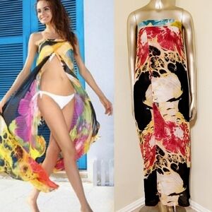 RED CHIFFON SHEER FLORAL BEACH DRESS COVER UP